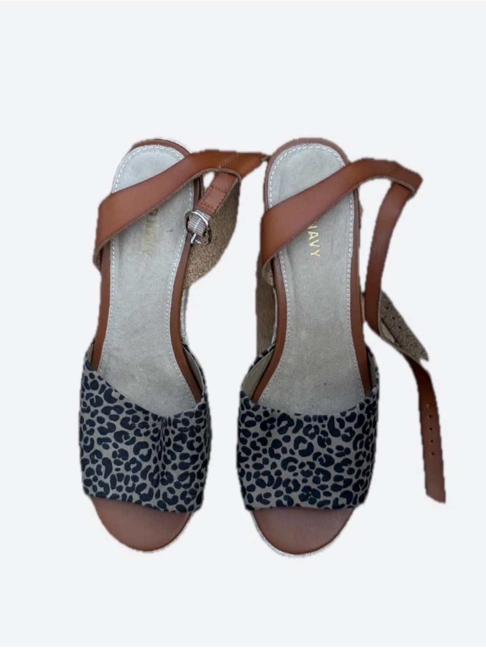 Old Navy Brown Leather Ankle-Strap Wedges with Leopard Print